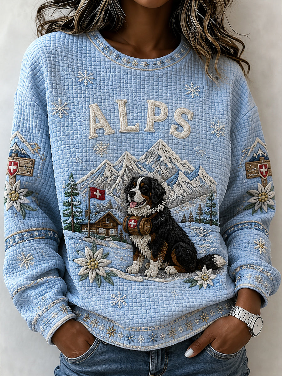 Damen-Schneeberg-Tier-und Blumen druck Waffel-Sweatshirt
