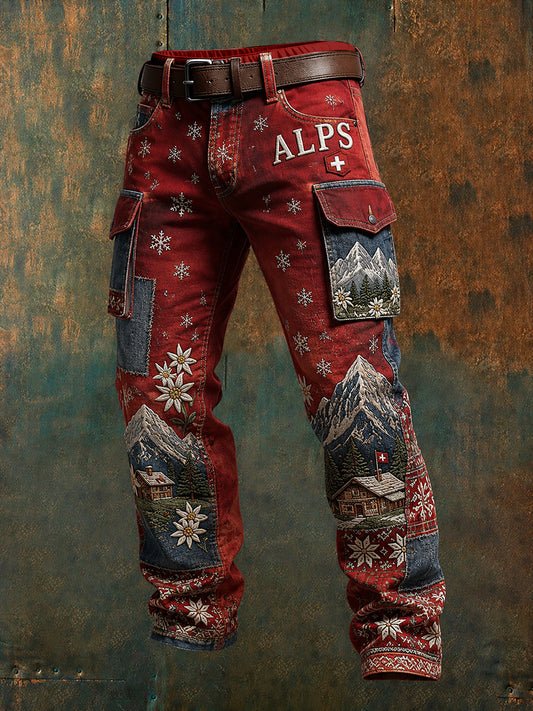 Herren-Cargo hosen mit Schneeberg-Blumen-Patchwork-Print