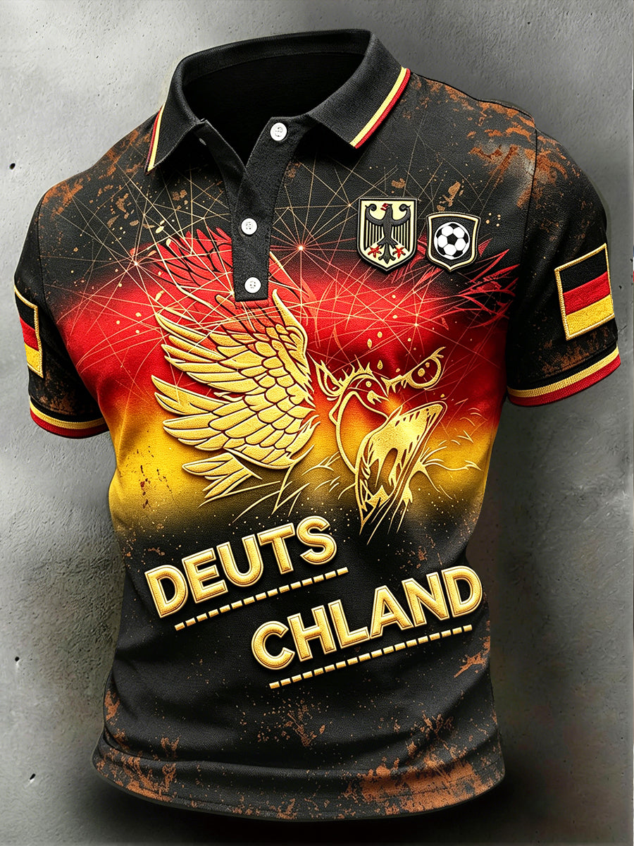 Herren Schwarz Vintage Deutsches Fußball-Print Freizeit-Polo-Shirt