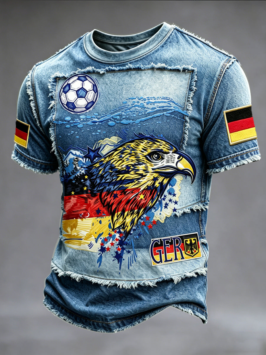 Herren Denim-Effekt-Patchwork Deutscher Adler Graffiti Fußball druck Freizeit T-Shirt