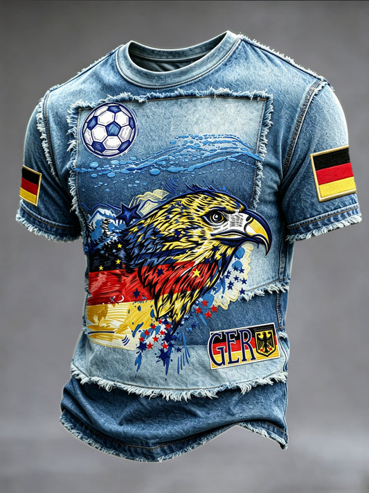 Herren Denim-Effekt-Patchwork Deutscher Adler Graffiti Fußball druck Freizeit T-Shirt