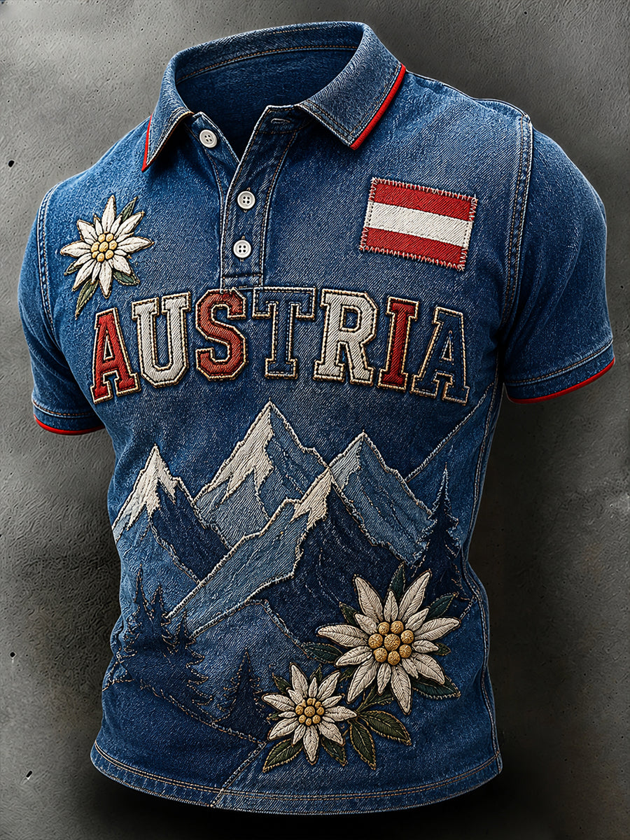 Herren-Retro-Denim-Schnee-Berg-Landschafts druck Kurzarm-Polos hirt