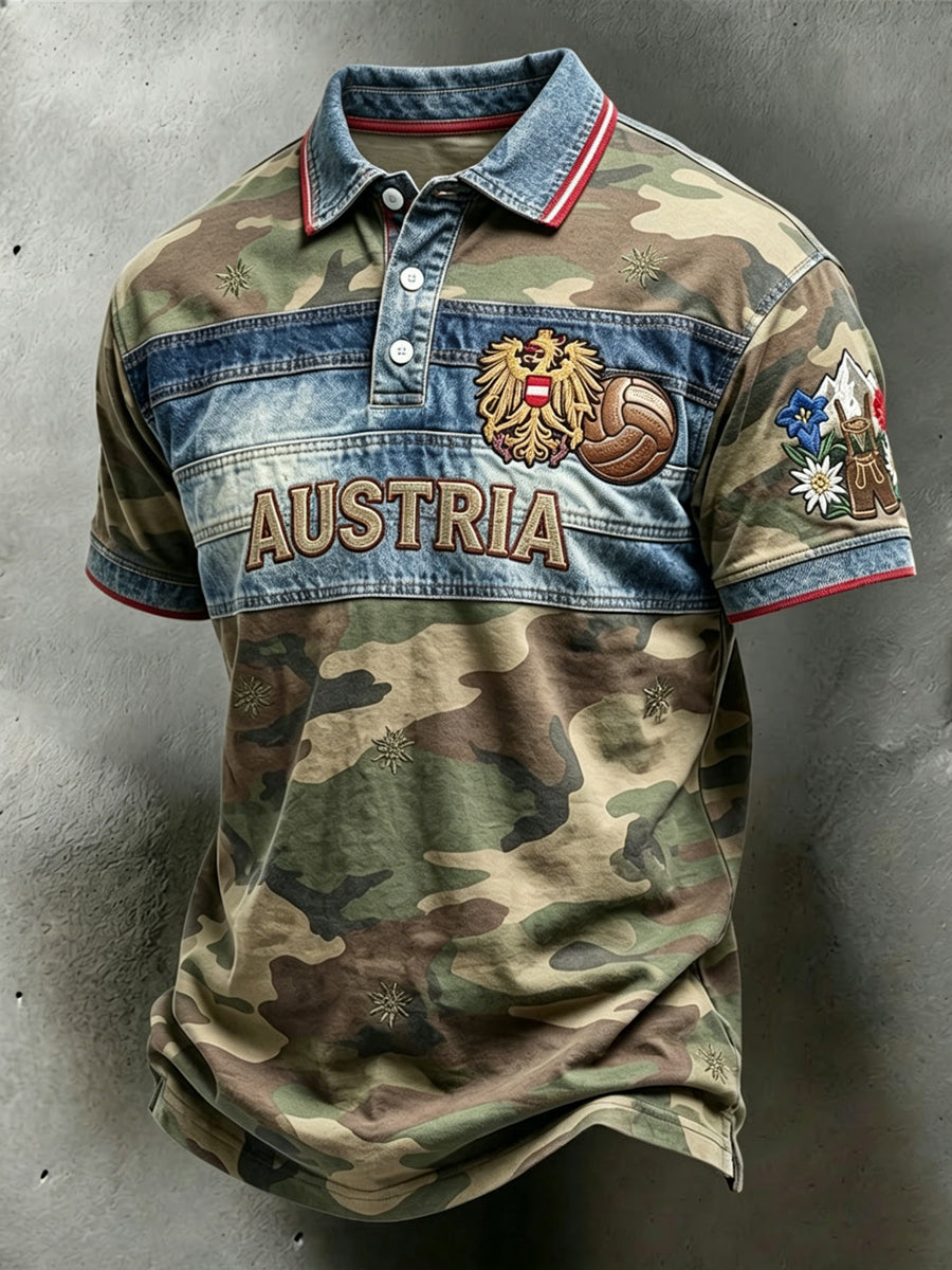 Retro-Österreichische Tarnmuster-Patchwork-Casual-Poloshirt