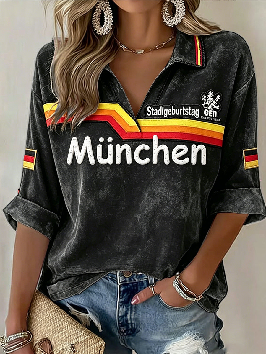 Damen Schwarz Deutsch München-Bedrucktes lässiges V-Ausschnitt T-Shirt