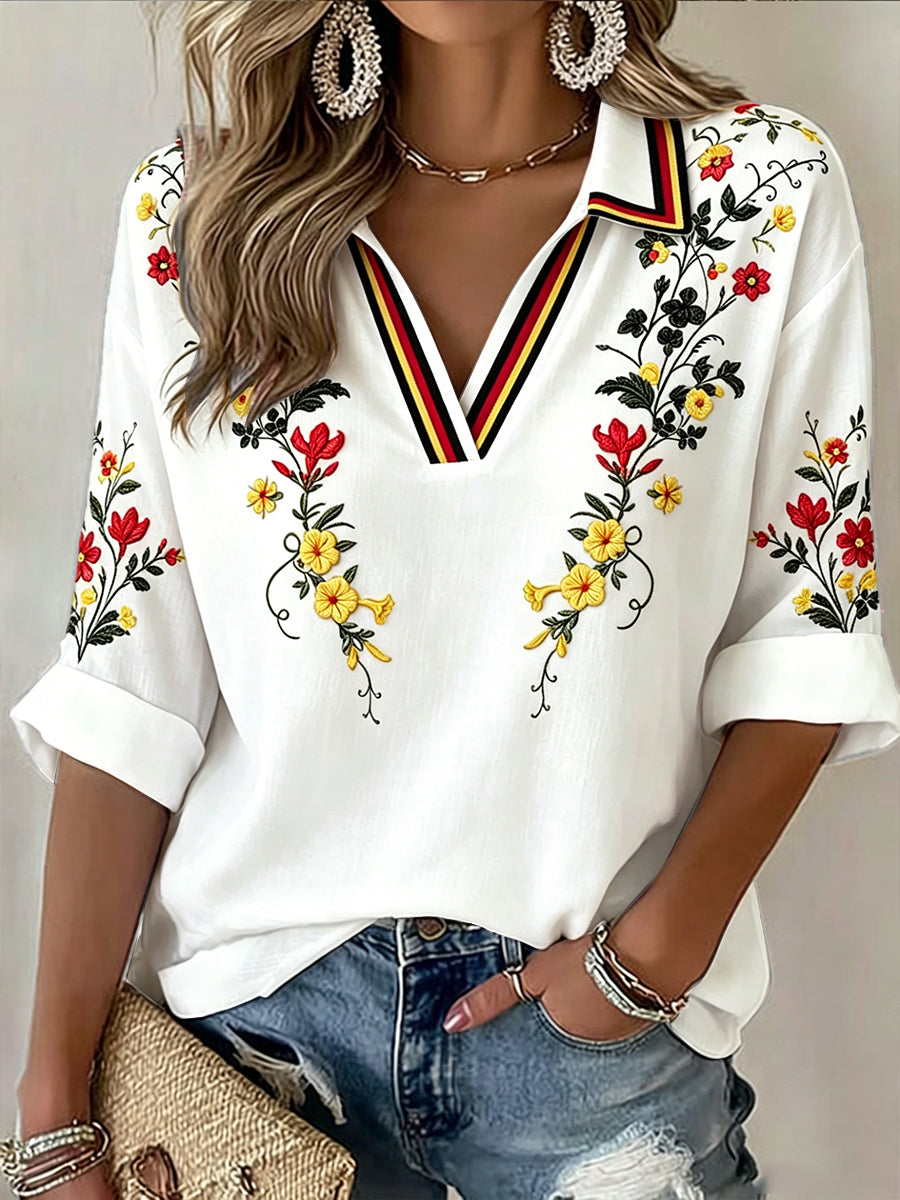 Frauen weißes deutsches Blumen druck lässiges T-Shirt mit V-Ausschnitt