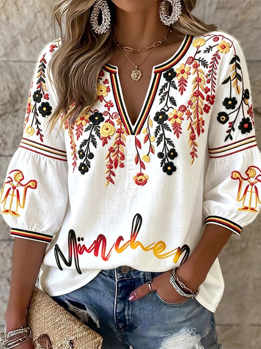 Damen Deutsch München 3D Blumen druck Lässiges T-Shirt aus Baumwolle mit V-Ausschnitt