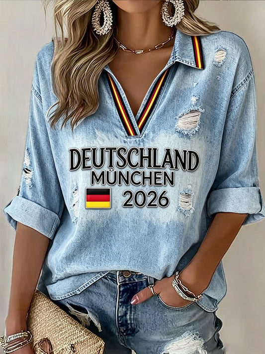 Frauen Deutsch München Denim-Print lässig V-Ausschnitt T-Shirt