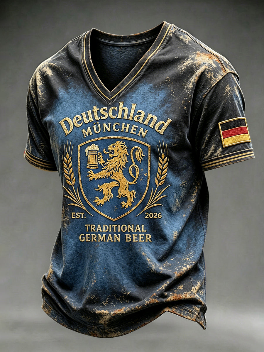 Herren Vintage München-Print lässig V-Ausschnitt T-Shirt