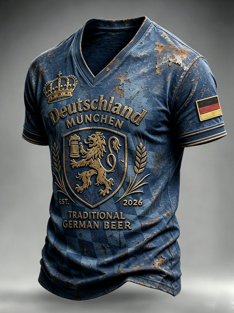Herren dunkelblau Vintage München-Print lässig V-Ausschnitt T-Shirt