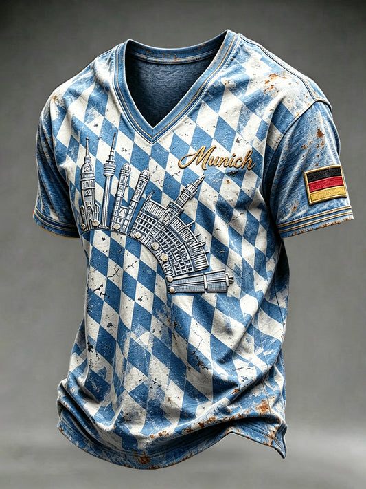 Herren-T-Shirt mit V-Ausschnitt, München, Bayerischer Druck, Vintage-Check