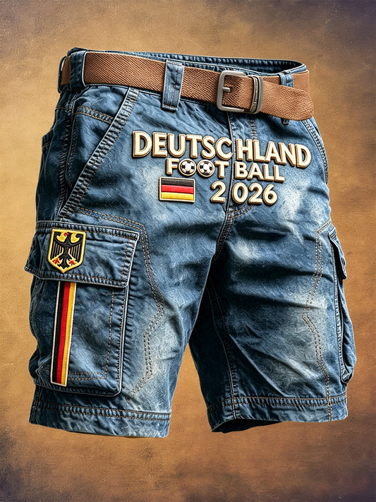 Herren Blau Deutsch Fußball-inspirierte Denim-Print Freizeit-Arbeits shorts