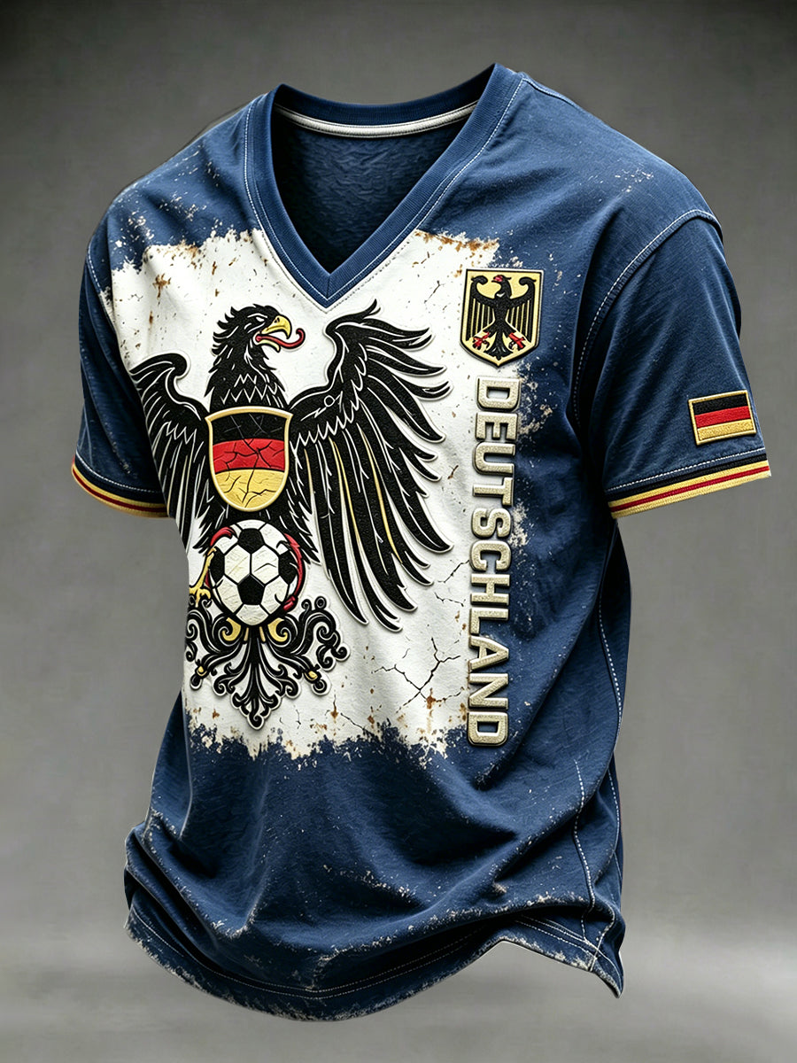 Herren Vintage Navy Blue Deutscher Fußball druck Lässiges T-Shirt mit V-Ausschnitt