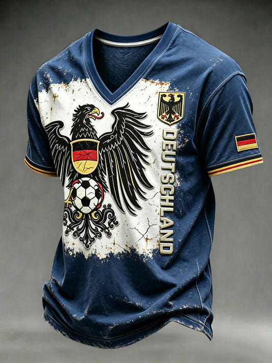 Herren Vintage Navy Blue Deutscher Fußball druck Lässiges T-Shirt mit V-Ausschnitt