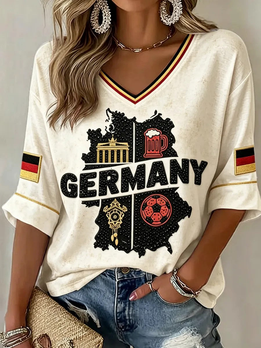 Frauen Deutschland Fußball Fan Print V-Ausschnitt T-Shirt