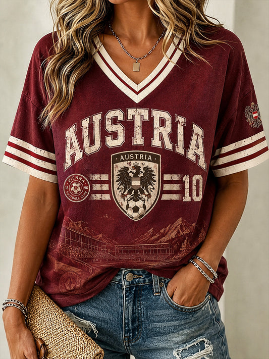 Damen Österreich Bedrucktes lässiges T-Shirt mit V-Ausschnitt