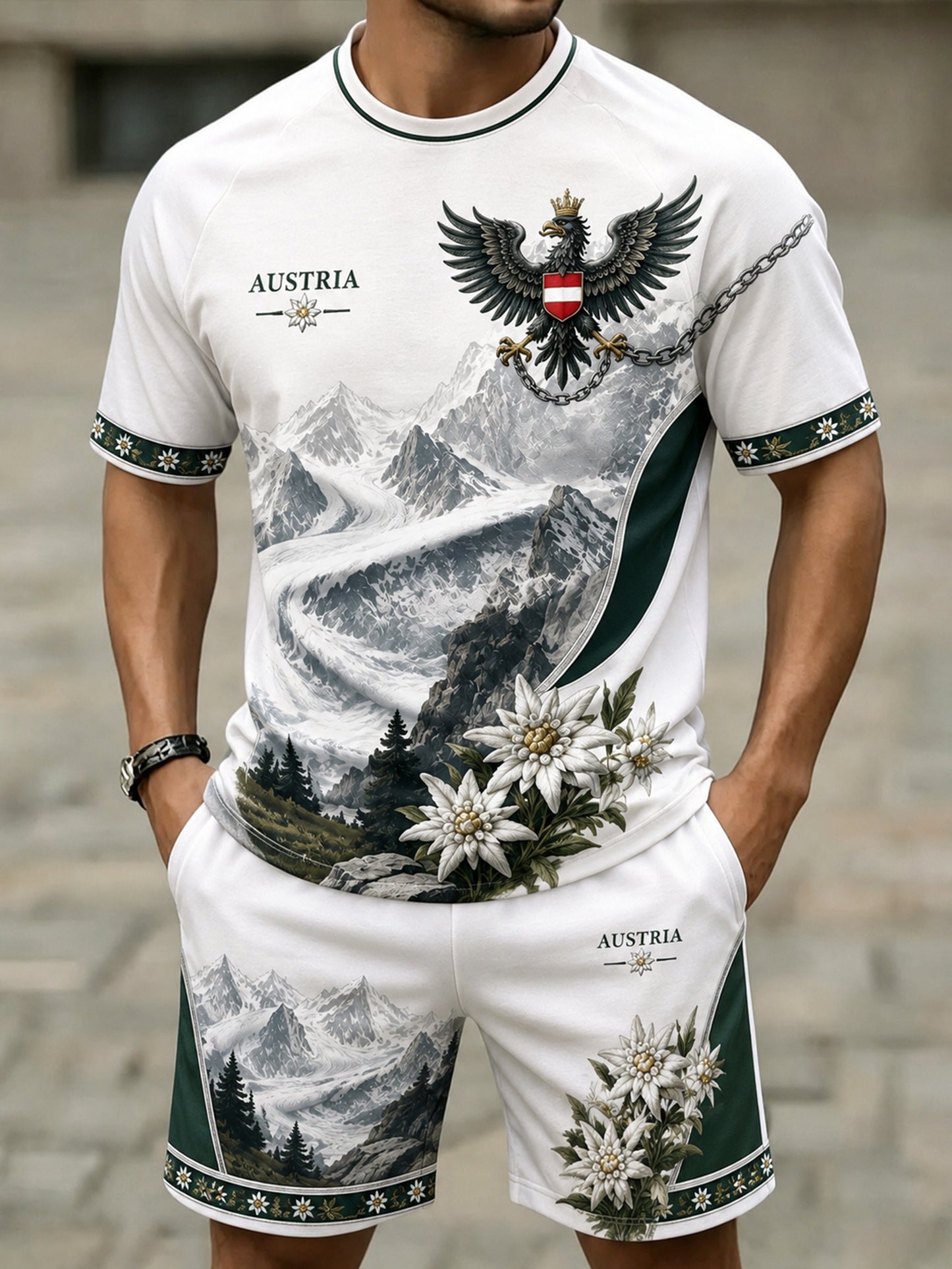 Herren-T-Shirt-Set mit künstlerischen Drucken österreichi scher Natur landschaften