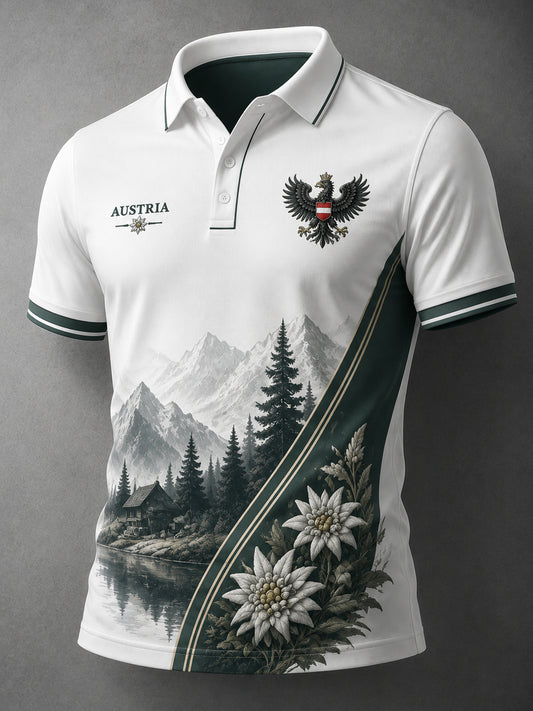 Herren-Poloshirt mit künstlerischem Aufdruck österreichischer Naturlandschaftselemente