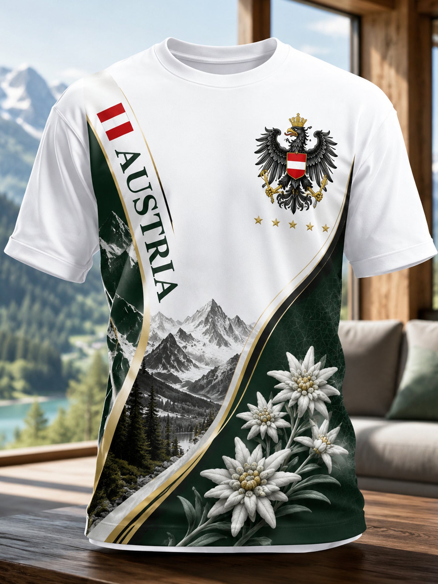 Herren T-Shirt mit künstlerischem Druck: Österreich ische Schnee-Berg-Motive