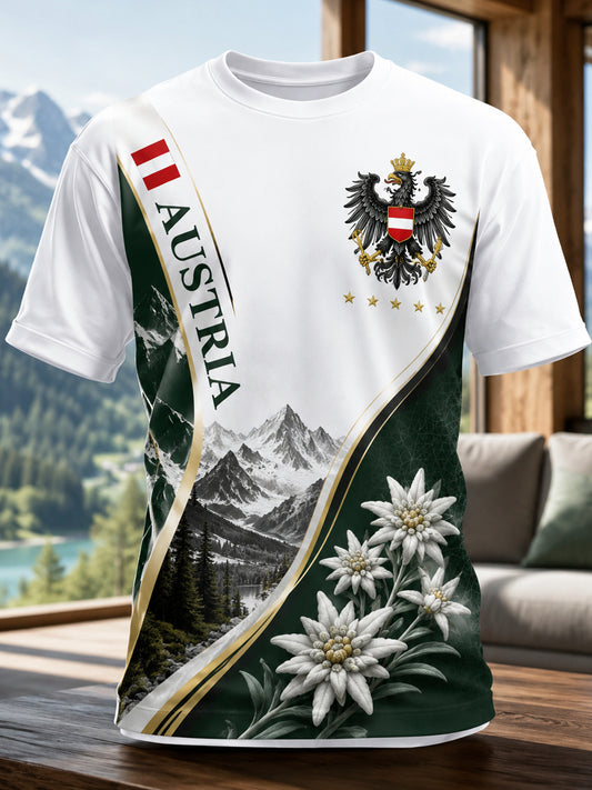 Herren T-Shirt mit künstlerischem Druck: Österreich ische Schnee-Berg-Motive