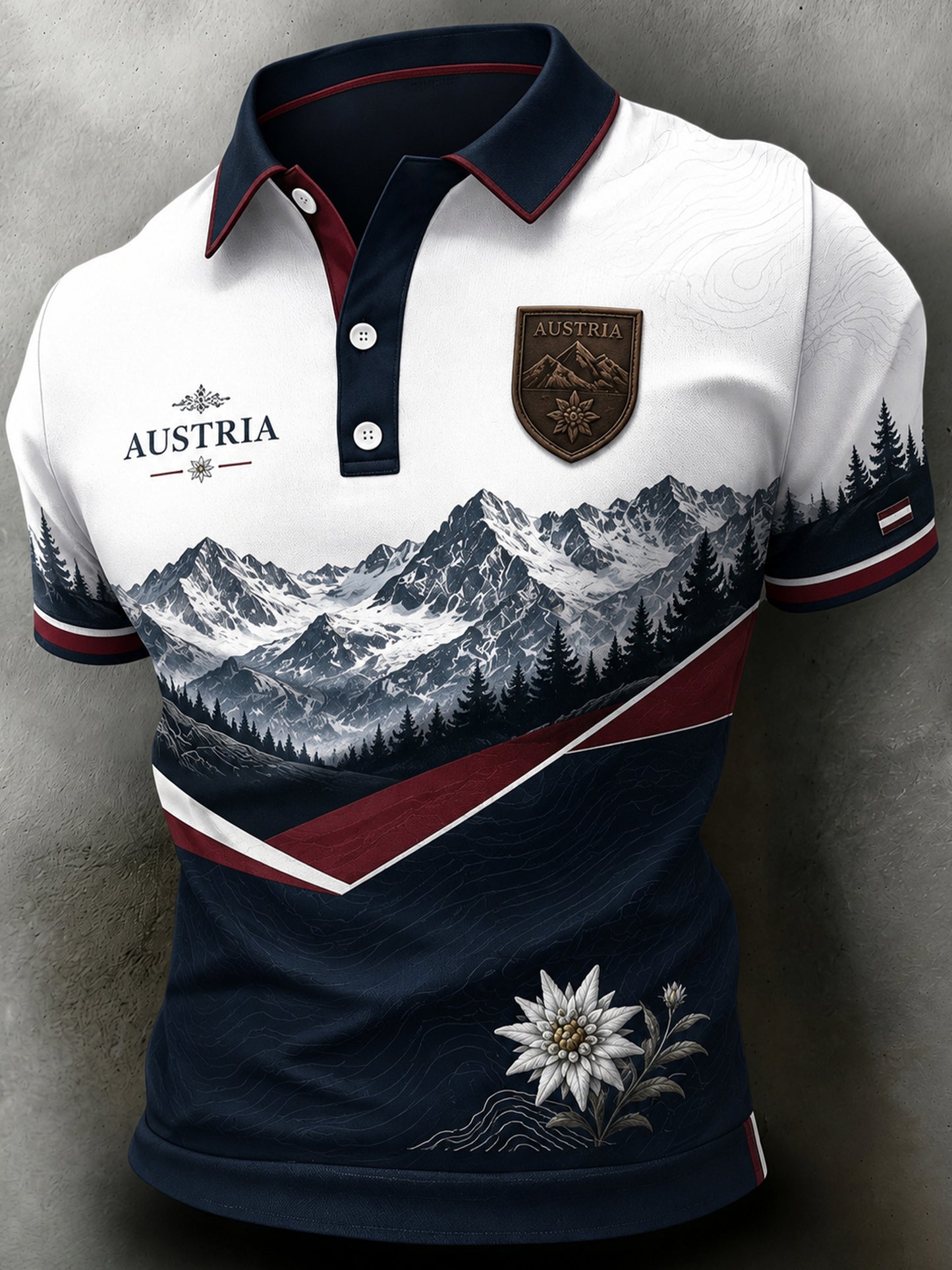 Herren-Poloshirt mit künstlerischem Aufdruck österreichischer Naturlandschaftselemente