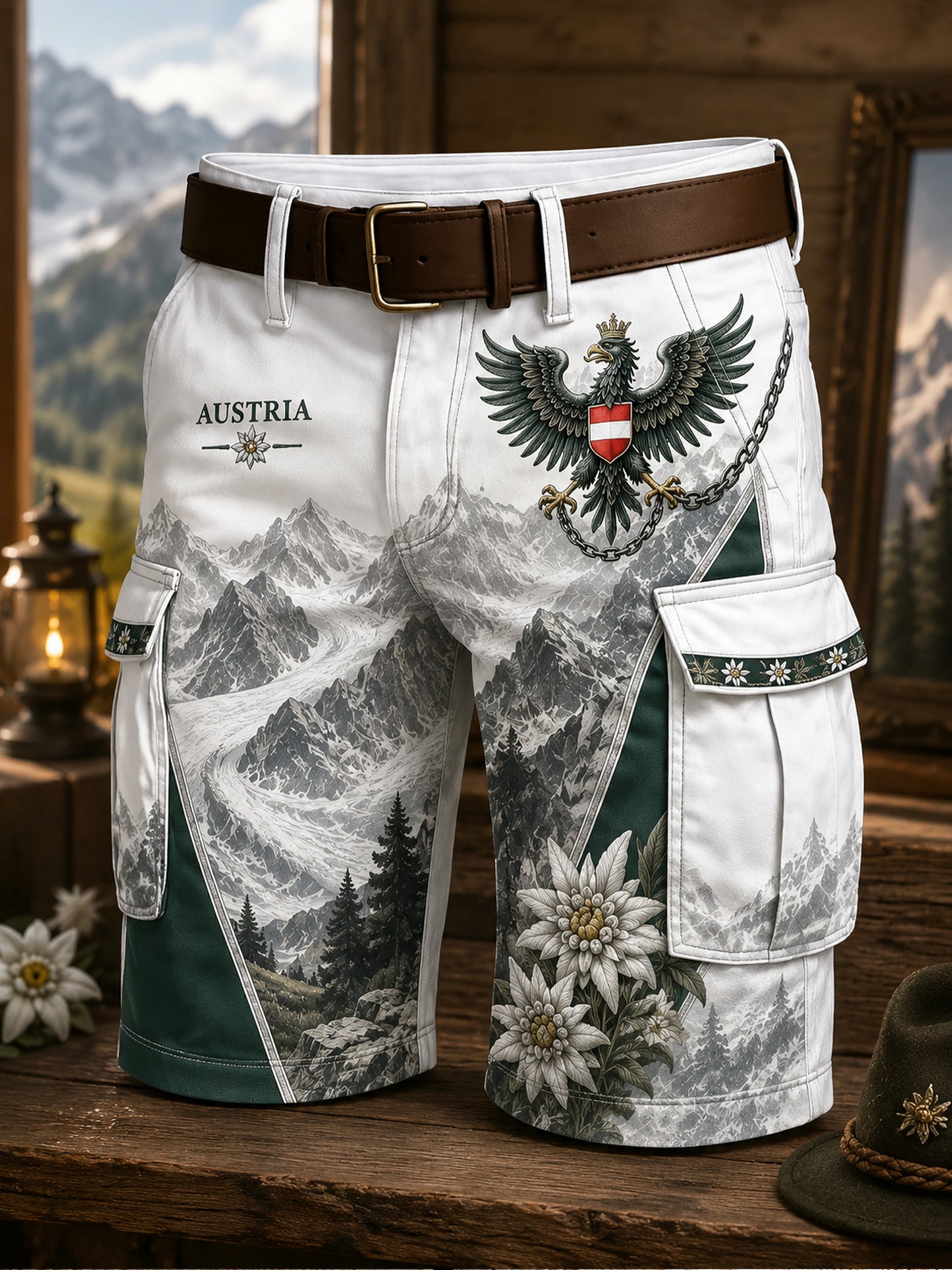 Herren shorts mit künstlerischem Druck von österreich ischen Natur landschafts elementen