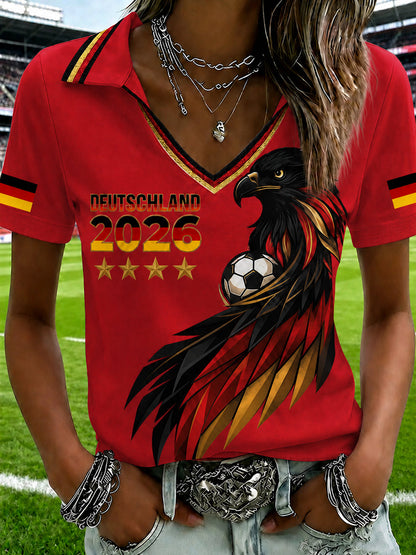 Bedrucktes T-Shirt mit V-Ausschnitt für Damen deutscher Fußballfan