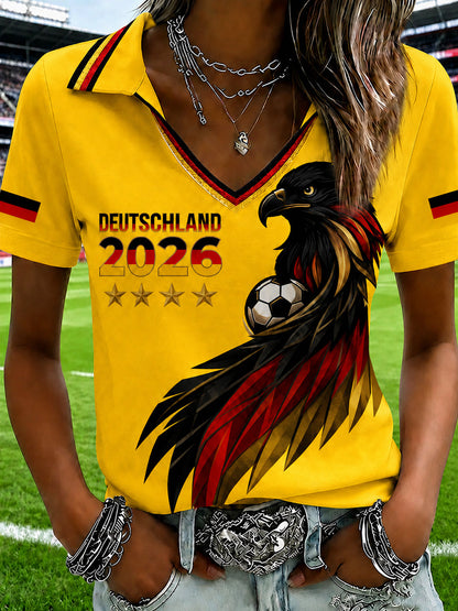 Bedrucktes T-Shirt mit V-Ausschnitt für Damen deutscher Fußballfan
