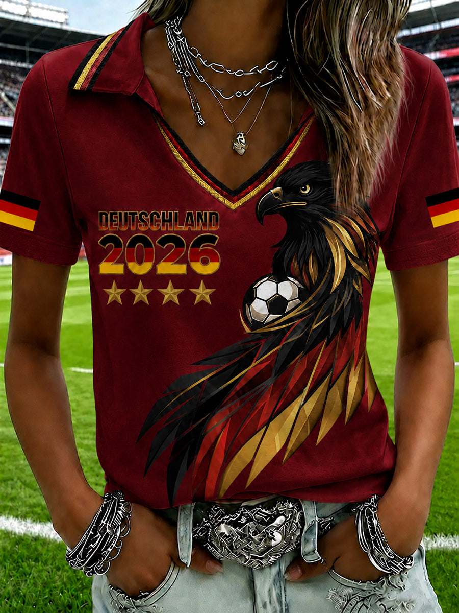 Bedrucktes T-Shirt mit V-Ausschnitt für Damen deutscher Fußballfan