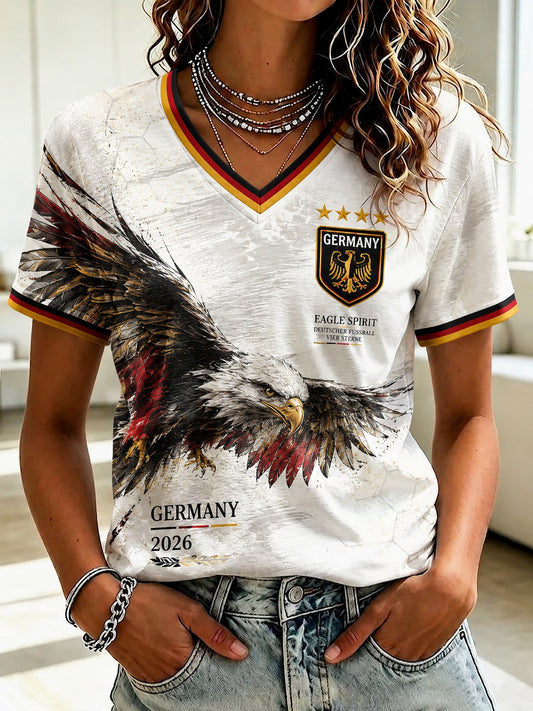 Damen-T-Shirt mit V-Ausschnitt und Fußball-Print, Deutschland