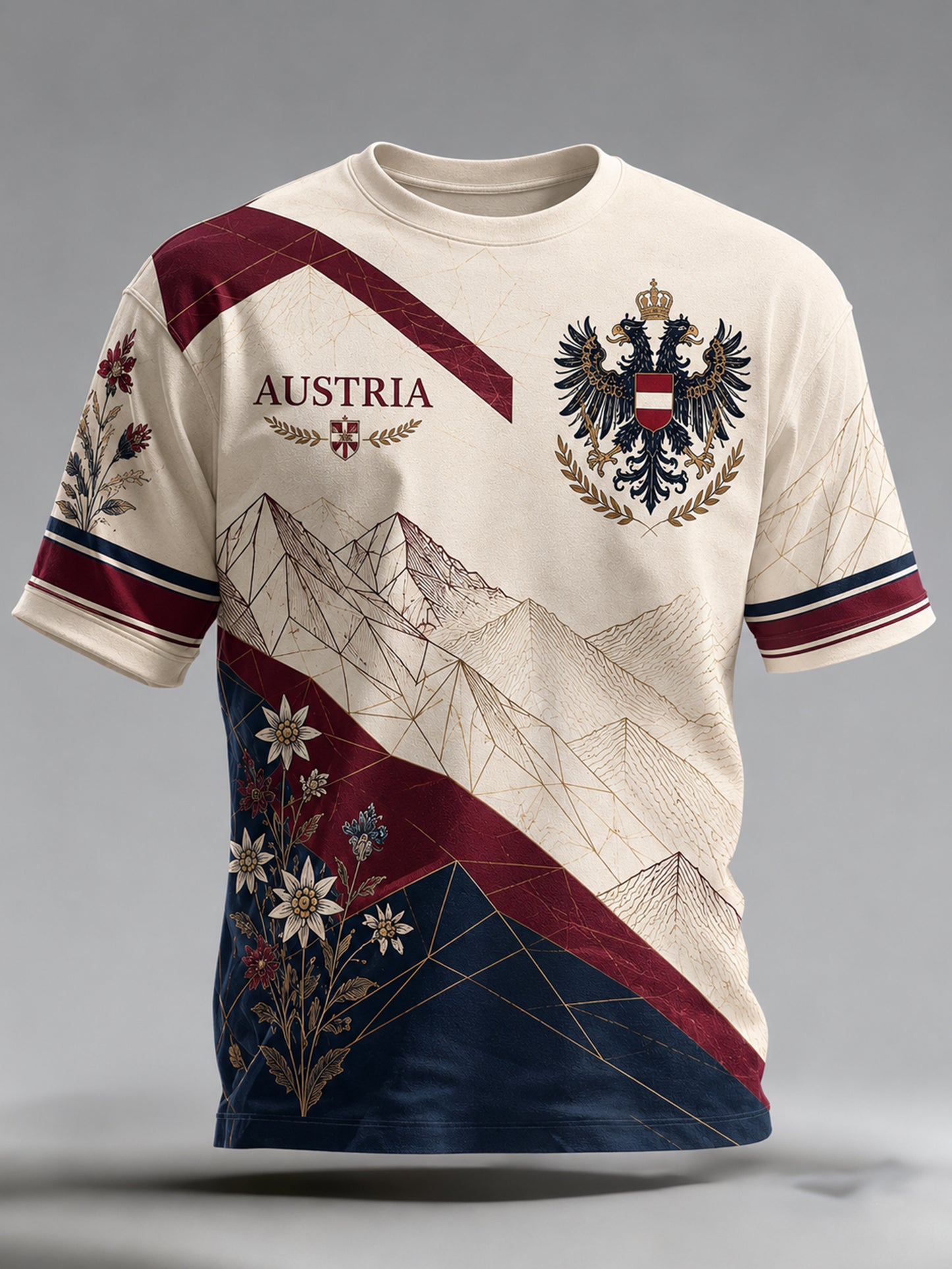 Herren-T-Shirt mit Kunstdruck im Stil der österreichischen Berg-Edelweiß-Flagge