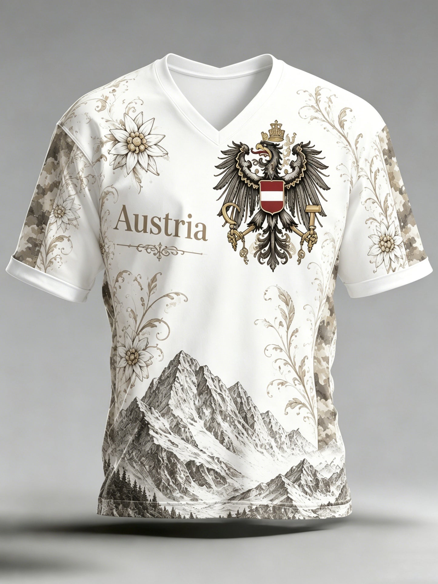Herren-T-Shirt mit Kunstdruck im Stil der österreichischen Berg-Edelweiß-Flagge