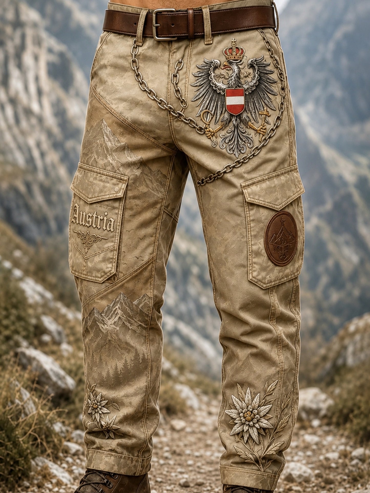 Herrenhose mit österreichischer Berg-Edelweiß-Flaggen-Print