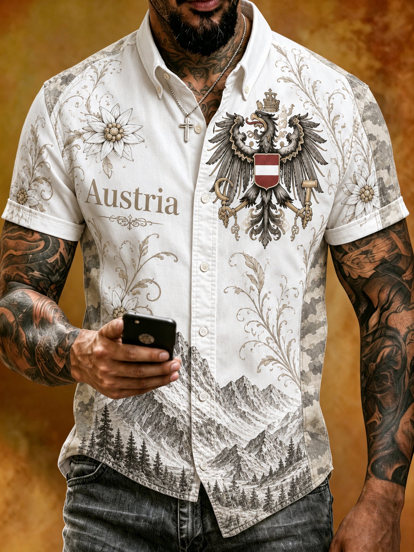 Herren-Hemd mit österreichischer Berg-Edelweiß-Flaggen-Print