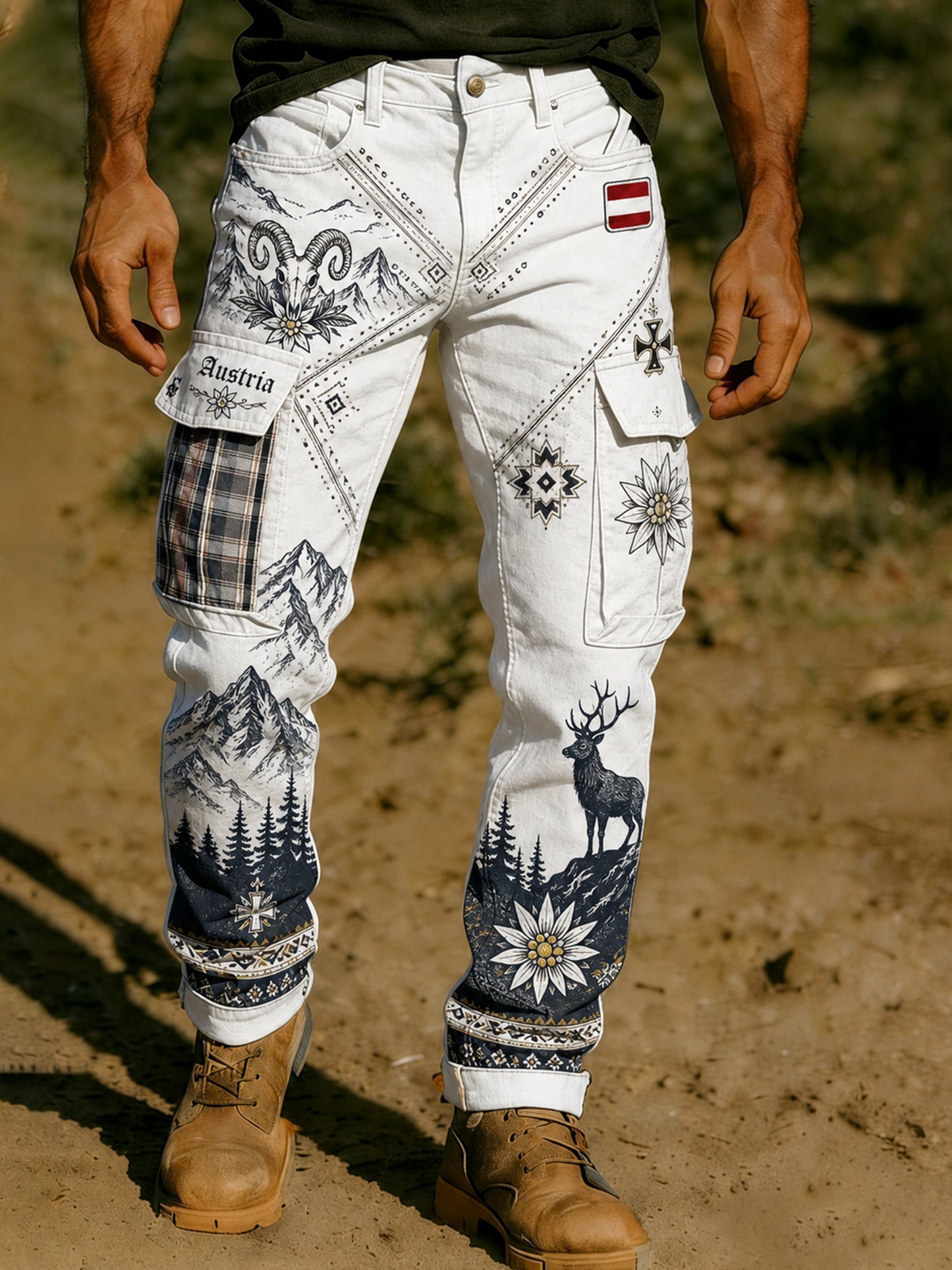 Herrenhose mit österreichischem Bergmotiv und Kunstdruck
