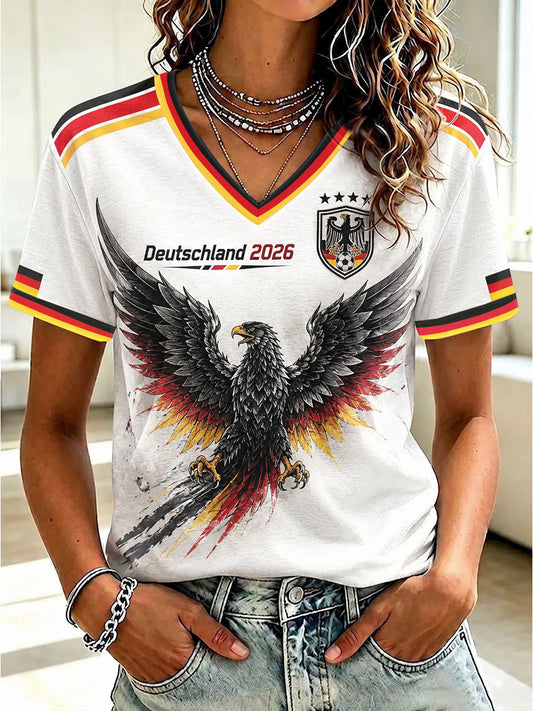 Damen-T-Shirt mit V-Ausschnitt und Fußball-Print, Deutschland