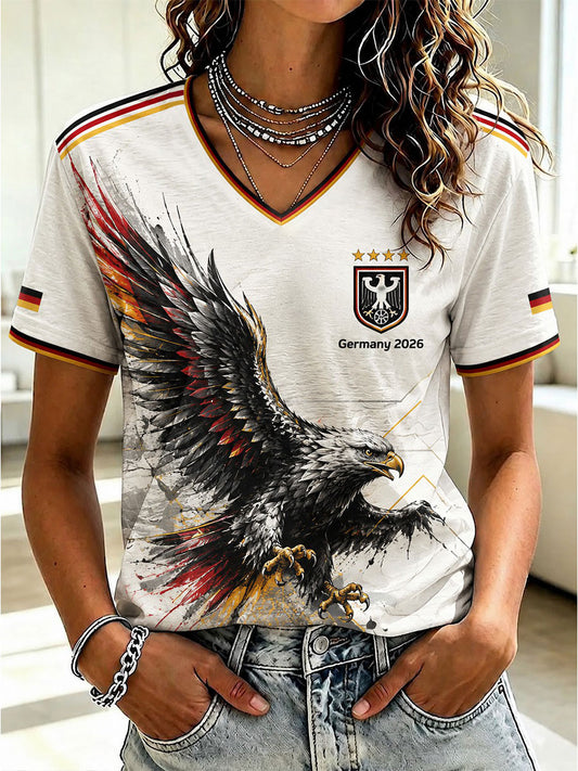 Damen-T-Shirt mit V-Ausschnitt und Fußball-Print, Deutschland