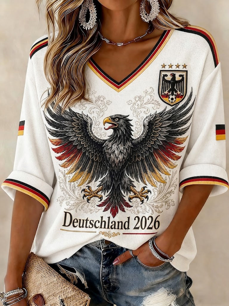 Damen-T-Shirt mit V-Ausschnitt, Deutschland, Fußball, bedruckt, mittellange Ärmel
