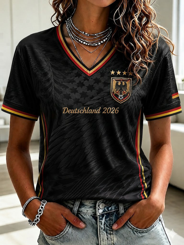 Damen-T-Shirt mit V-Ausschnitt und Fußball-Print, Deutschland