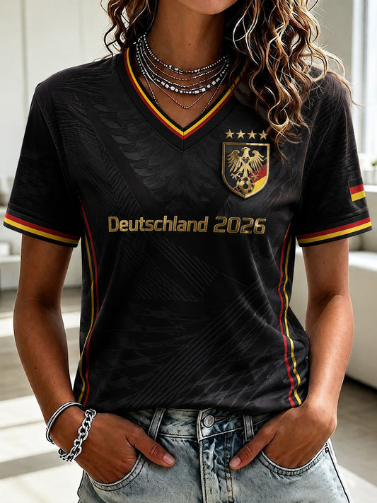 Damen-T-Shirt mit V-Ausschnitt und Fußball-Print, Deutschland