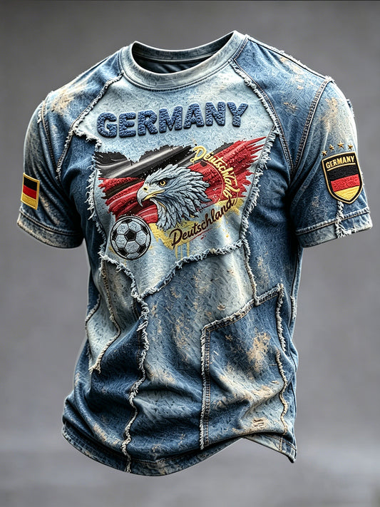 Herren Adler mit deutscher Flagge Retro Denim Patchwork Print Freizeit T-Shirt