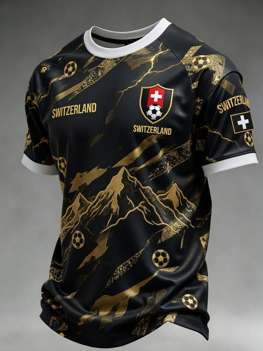 Retro Schweizer Fußball-Themen-Freizeit trikot mit besticktem Blumen druck