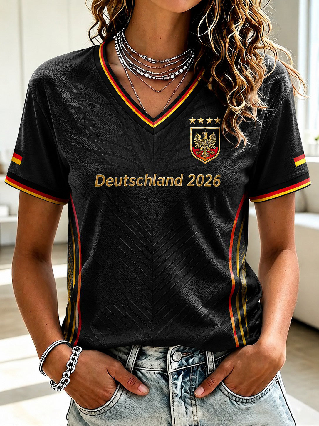 Damen-Fußball-T-Shirt aus Deutschland mit V-Ausschnitt und Aufdruck