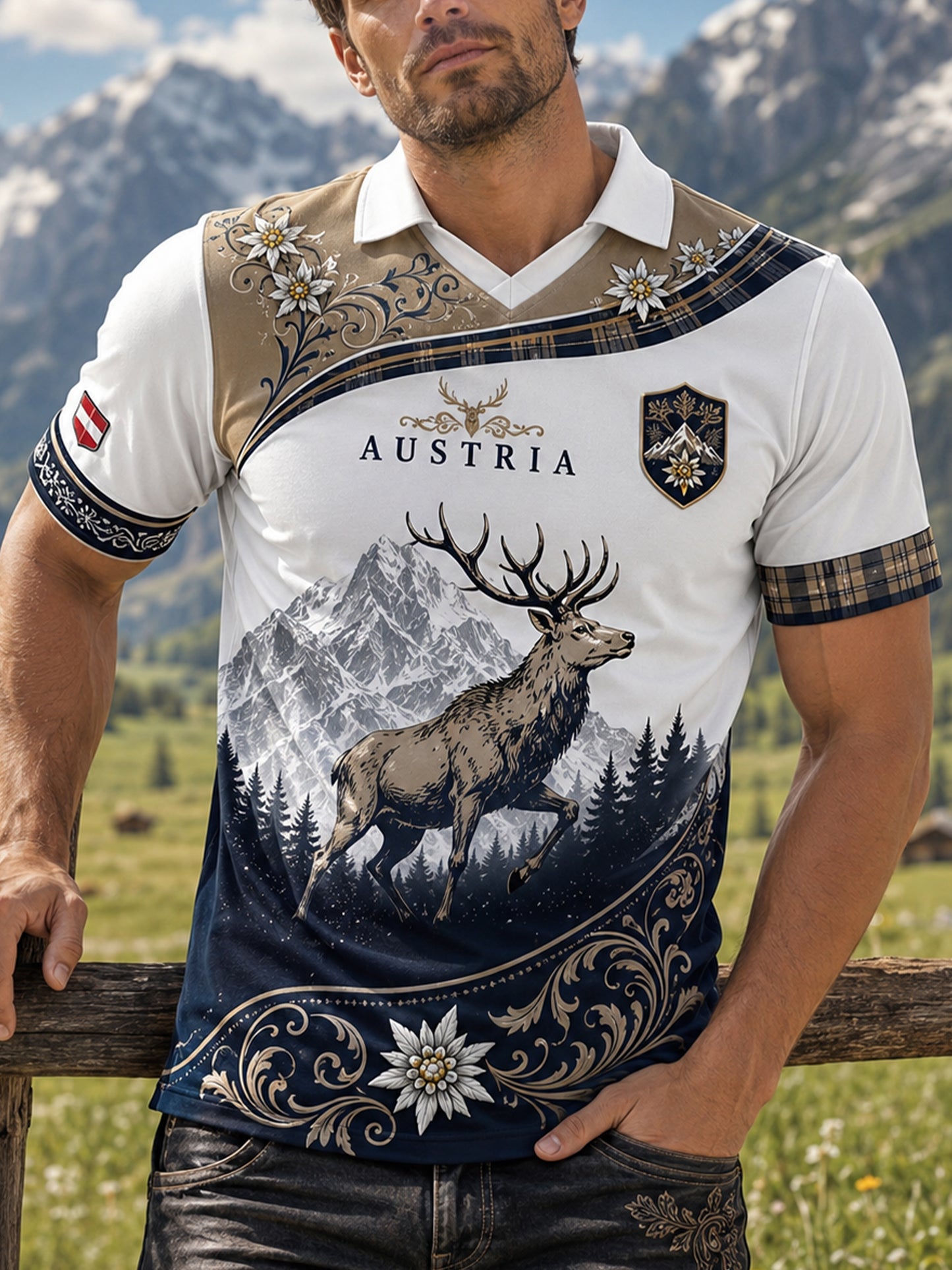 Herren-Top mit österreichischem Schneegebirge- und Blumenmuster sowie V-Ausschnitt