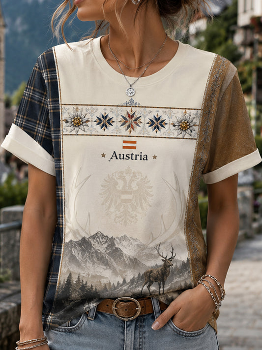 Damen-T-Shirt mit österreichischem Schneeberg- und Blumenmuster