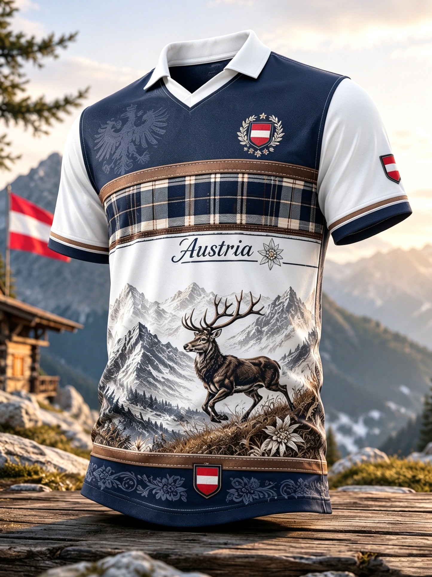 Herren-Top mit österreichischem Schneegebirge- und Blumenmuster sowie V-Ausschnitt