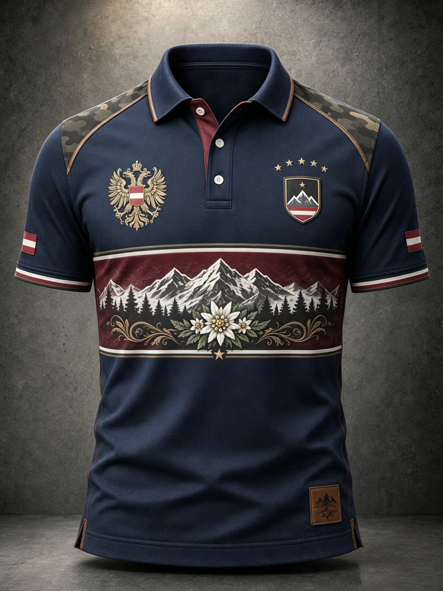 Herren-Poloshirt mit Kunstdruck im österreichischen Landschaftsstil