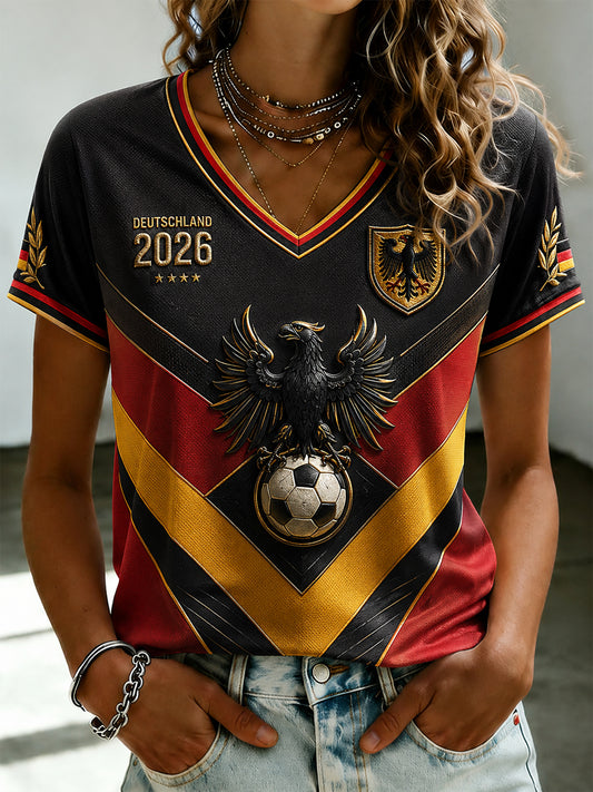 Damen-Fußballfan-T-Shirt mit Deutschland-Print und V-Ausschnitt