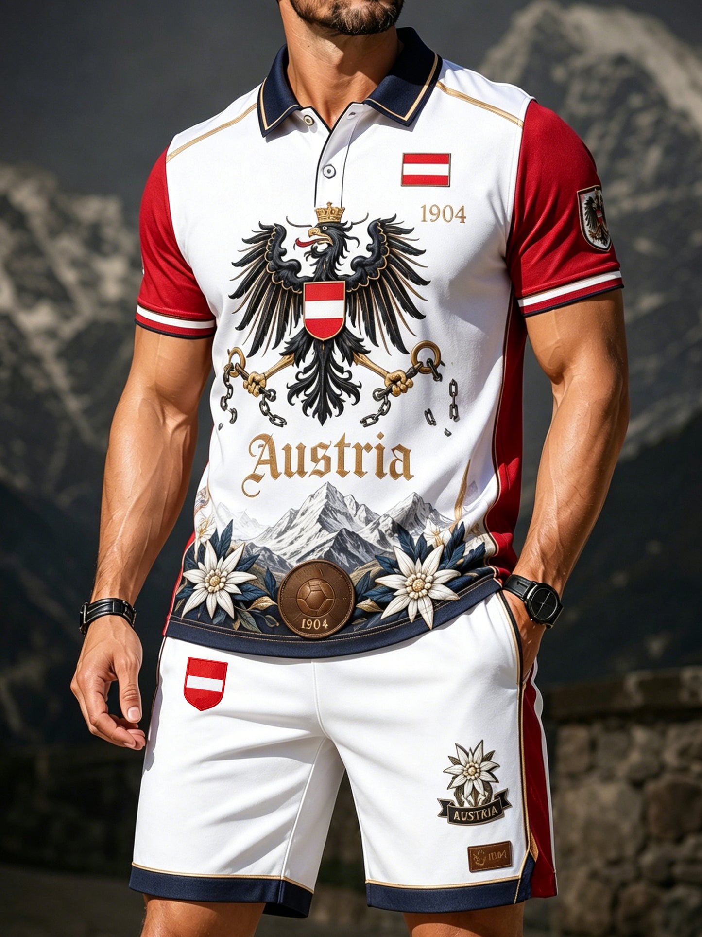 Herren-Österreich-Fußballspiel-Jubel-Fan-Element-Kunstdruck-Polo-Anzug