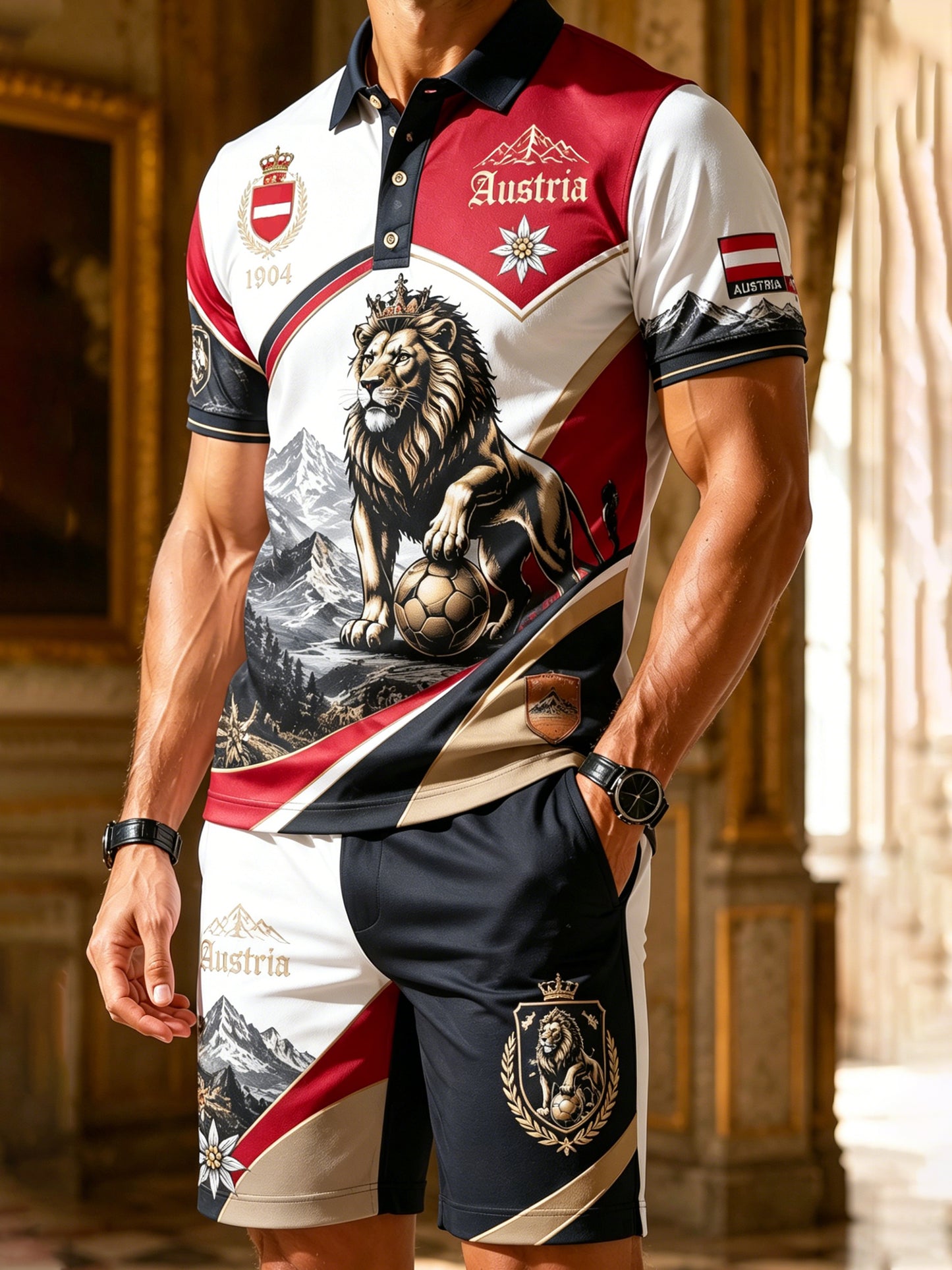 Herren-Österreich-Fußballspiel-Jubel-Fan-Element-Kunstdruck-Polo-Anzug