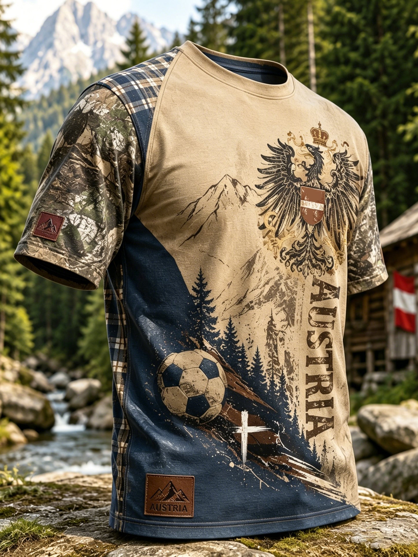 Herren-T-Shirt mit Kunstdruck: Österreichisches Fußballspiel – jubelnder Fan